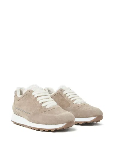 Peserico Suede Shearling-trim Sneakers In Gold