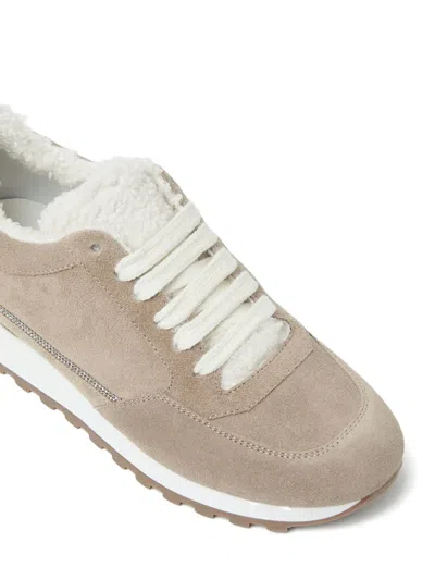 Peserico Suede Shearling-trim Sneakers In Gold