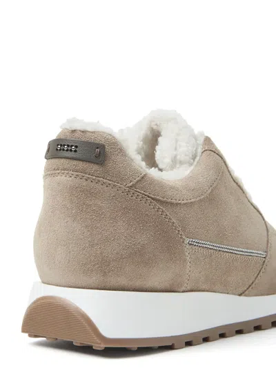Peserico Suede Shearling-trim Sneakers In Gold
