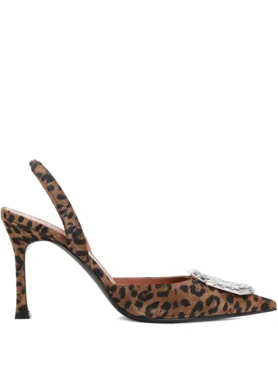 Amina Muaddi Pointed-toe Slingback Heels With Crystal Embellishment In Animal Print