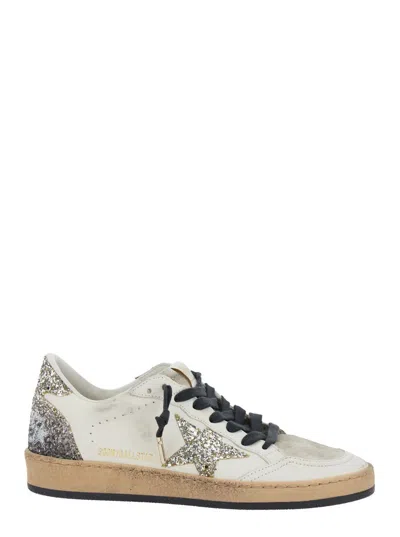 Golden Goose Ballstar White Low Top Sneakers With Glittered Star Patch On The Side And Glittered Heel With Logo L In Multi
