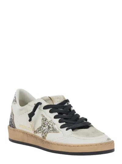 Golden Goose Ballstar White Low Top Sneakers With Glittered Star Patch On The Side And Glittered Heel With Logo L In Multi
