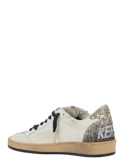 Golden Goose Ballstar White Low Top Sneakers With Glittered Star Patch On The Side And Glittered Heel With Logo L In Multi
