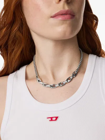 Diesel Oval-logo Chain Necklace In Metallic