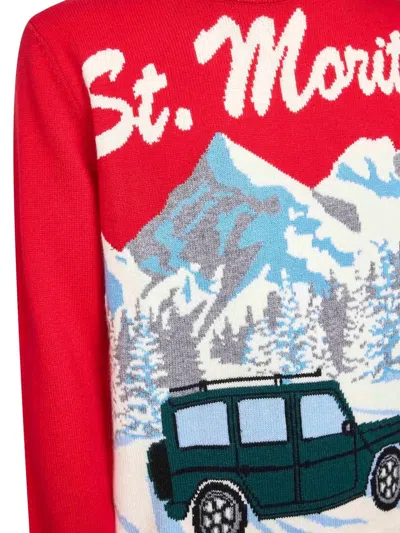 Mc2 Saint Barth Red Wool Blend Jacquard Postcard Heron Sweater In Red