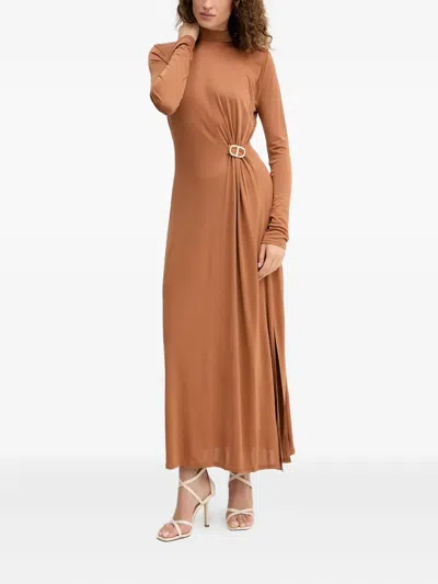 Twinset Buckle-detail Long-sleeve Maxi Dress In Brown