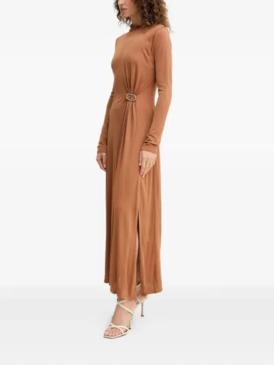 Twinset Buckle-detail Long-sleeve Maxi Dress In Brown