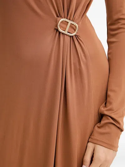 Twinset Buckle-detail Long-sleeve Maxi Dress In Brown