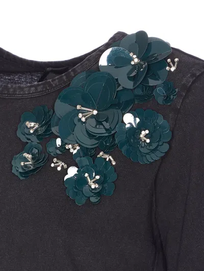 Pinko Front Sequins Floral Short Sleeve Top In Gray