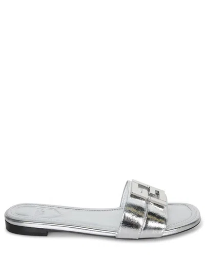 Fendi Ffold Metallic Leather Sandals In Gray