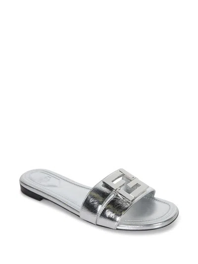 Fendi Ffold Metallic Leather Sandals In Gray
