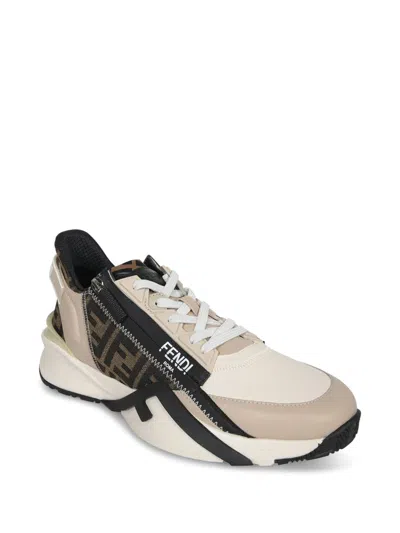 Fendi Beige Leather Sneakers With Ff Motif In Brown