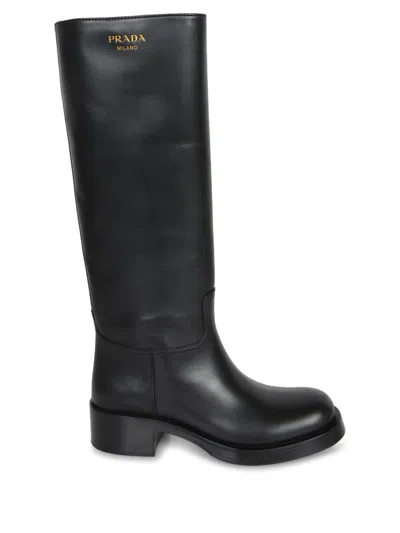 Prada Knee-high Leather Block Heel Boots In Black