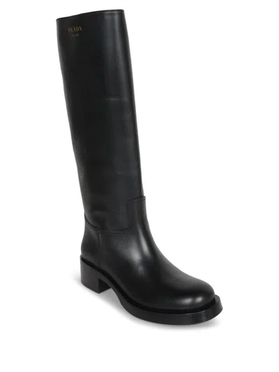 Prada Knee-high Leather Block Heel Boots In Black