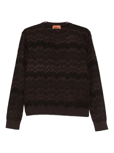 Missoni Chevron Pattern Long Sleeve Crew Neck Knit In Brown