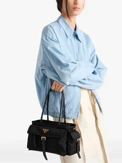 Prada Womens Black Explore Medium Re-nylon And Leather Tote Bag In Black