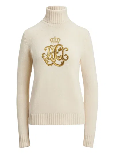Ralph Lauren Embroidered-logo Wool-blend Turtleneck In Neutral
