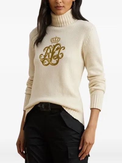 Ralph Lauren Embroidered-logo Wool-blend Turtleneck In Neutral