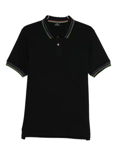Paul Smith Cotton Blend Polo Shirt With Striped Collar In Black