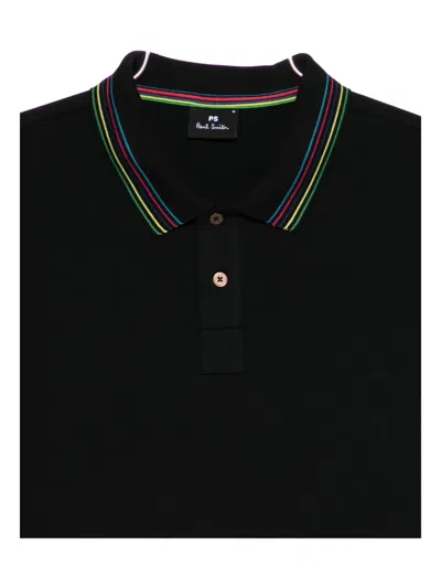 Paul Smith Cotton Blend Polo Shirt With Striped Collar In Black