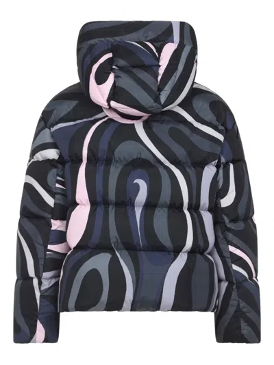 Pucci Hooded Padded Nylon Jacket With Elastic Cuffs In Multi