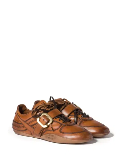 Miu Miu Cognac-colored Leather Sneakers With Buckle In Multi