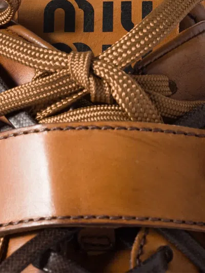 Miu Miu Cognac-colored Leather Sneakers With Buckle In Multi