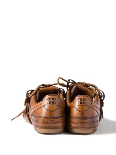 Miu Miu Cognac-colored Leather Sneakers With Buckle In Multi