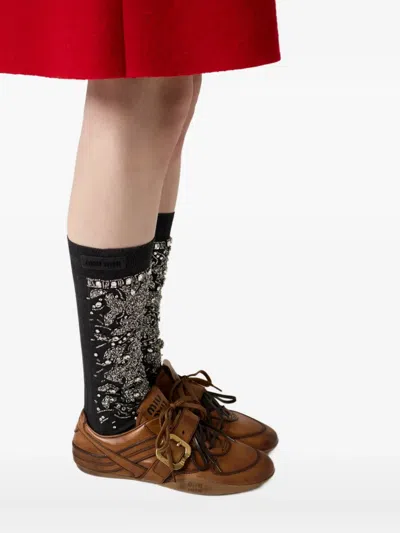Miu Miu Cognac-colored Leather Sneakers With Buckle In Multi