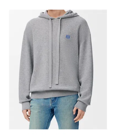 Loewe Drawstring Hoodie With Ribbed Cuffs And Hem In Gray
