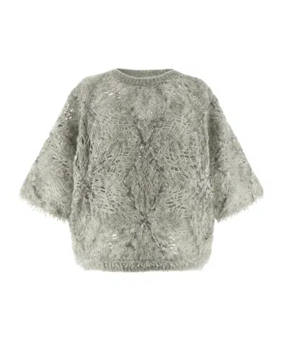 Brunello Cucinelli Short Sleeve Textured Sweater Featuring Sequins In Gray