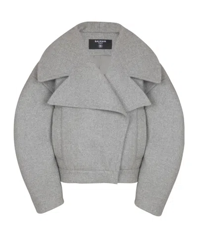 Balmain Oversized Wool Caban Featuring Pockets In Gray