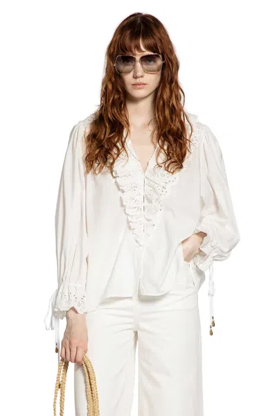 Chloé Puff Sleeve V-neck Top In Cotton Voile In White