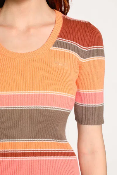 Chloé Embroidered Striped Ribbed Cotton Sweater In Multi