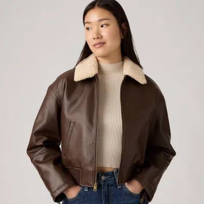 Levi's Faux Leather Bomber Jacket With Sherpa Collar In Brown
