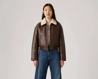 Levi's Faux Leather Bomber Jacket With Sherpa Collar In Brown
