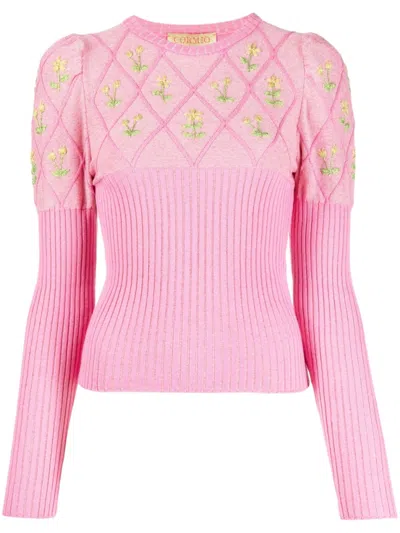 Cormio Crew-neck Wool Blend Sweater With Floral Embroideries In Yellow