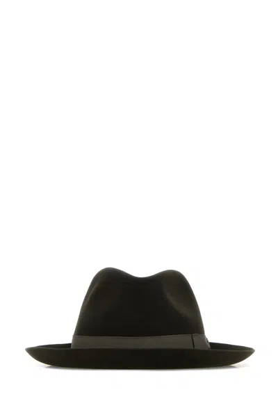 Borsalino Velour Hat With Wide Brim And Ribbon Band In Black