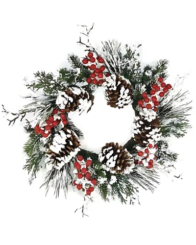 Melrose International Snow Mixed Pine Berry Wreath In Green