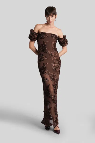 Rotate Birger Christensen Brown Long Dress With Removable Short Sleeves And All-over Floral Embroidery In Tech Fabric Stretch  In Brown