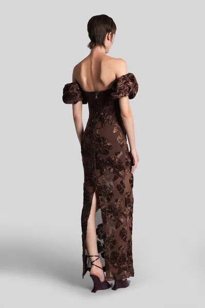 Rotate Birger Christensen Brown Long Dress With Removable Short Sleeves And All-over Floral Embroidery In Tech Fabric Stretch  In Brown
