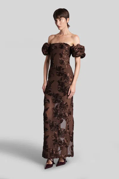 Rotate Birger Christensen Brown Long Dress With Removable Short Sleeves And All-over Floral Embroidery In Tech Fabric Stretch  In Brown