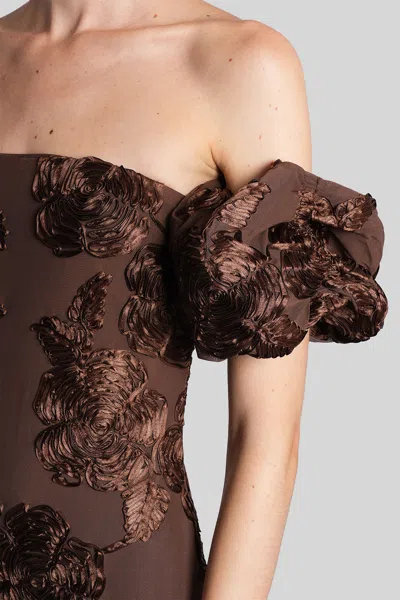 Rotate Birger Christensen Brown Long Dress With Removable Short Sleeves And All-over Floral Embroidery In Tech Fabric Stretch  In Brown