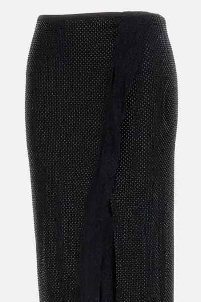 Self-portrait Crystal-embellished Lace-trimmed Mesh Midi Skirt In Black