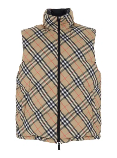 Burberry Beige Sleeveless Reversible Down Jacket With High Neck And All-over Check Motif In Tech Fabric Man In Neutral