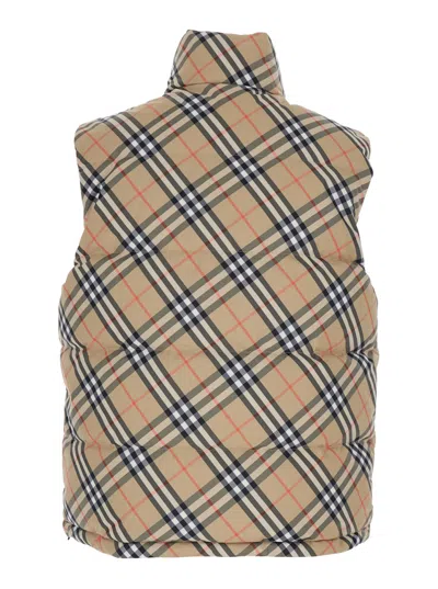 Burberry Beige Sleeveless Reversible Down Jacket With High Neck And All-over Check Motif In Tech Fabric Man In Neutral