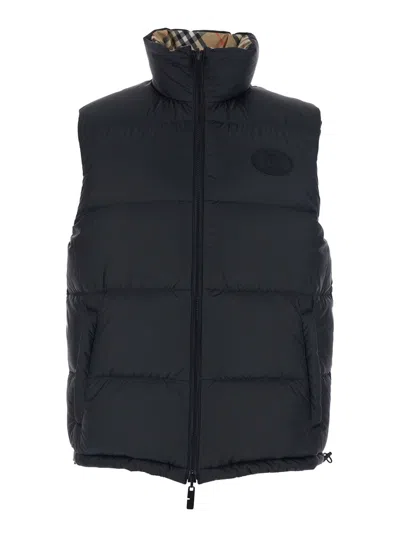 Burberry Beige Sleeveless Reversible Down Jacket With High Neck And All-over Check Motif In Tech Fabric Man In Neutral