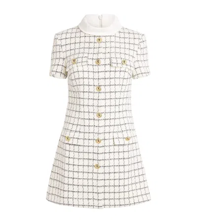Self-portrait White Mini Dress With Jewel Buttons And All-over Check Motif In Tech Fabric Woman In White