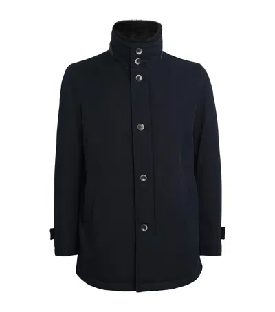 Herno Structured Blue Virgin Wool Coat With Plush Fur Collar In Blue