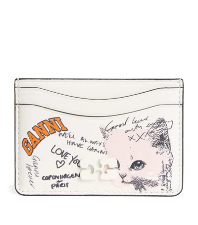 Ganni White Card Holder With Graphic Print On The Front In Leather Blend Woman In Black